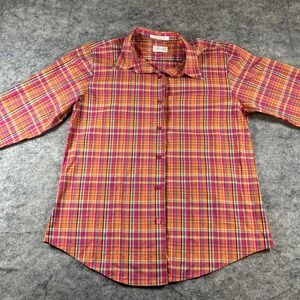 Foxcroft Button Down Shirt Women's 12 Pink Multicolor Plaid Long Sleeve‎ Office